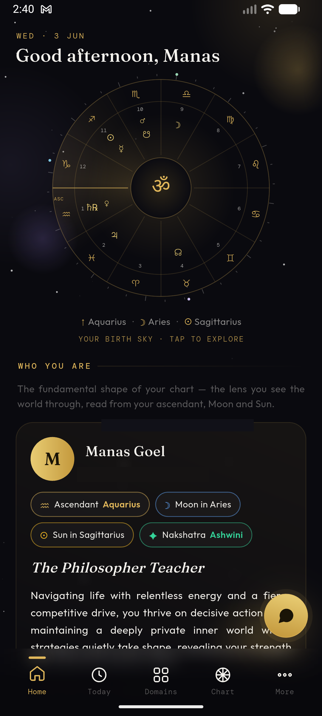 Oracle Android app home screen with a personalised birth chart