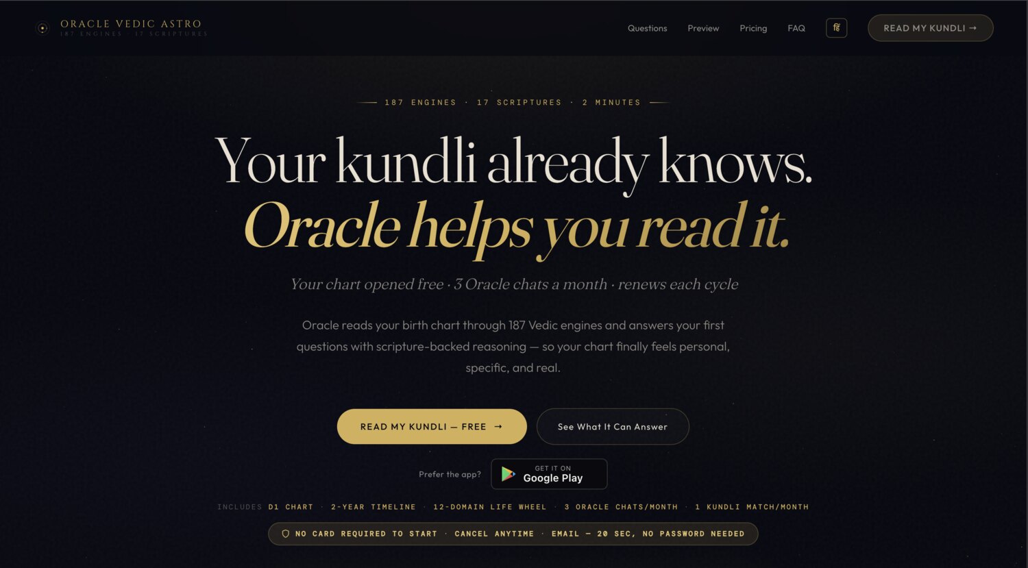 Oracle Vedic Astro web app, the landing screen that reads Your kundli already knows