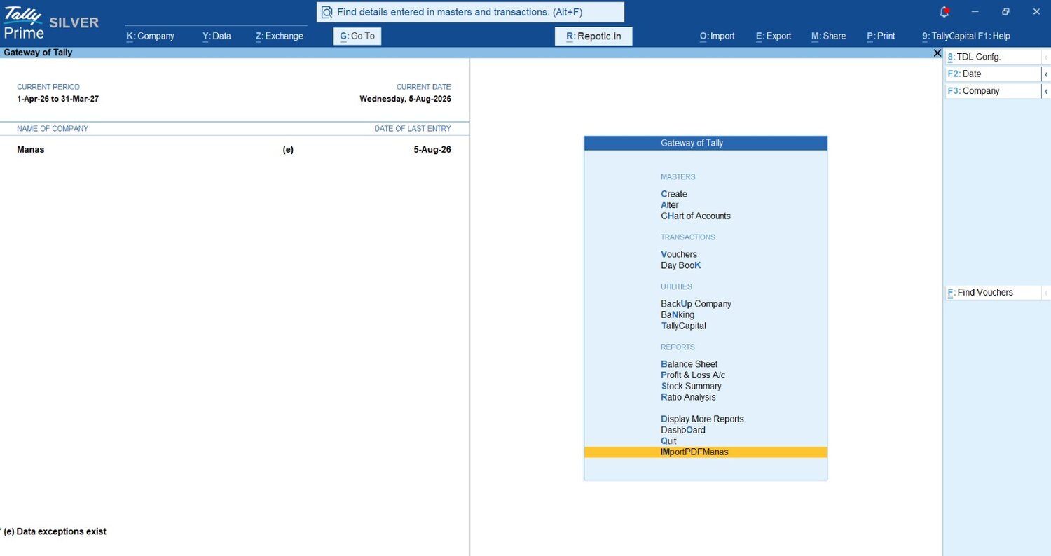 TallyPrime gateway showing the PDF2Tally import option