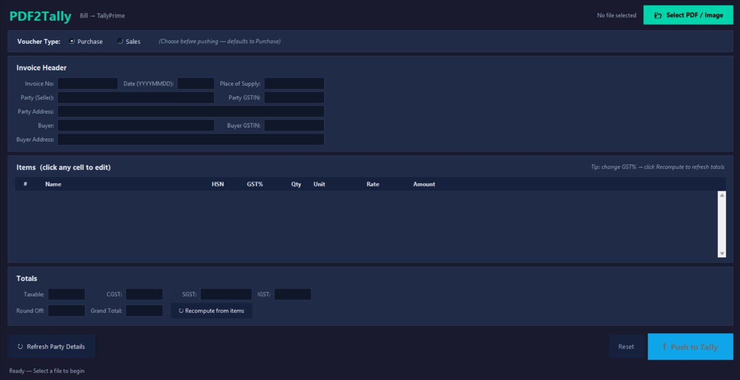 PDF2Tally desktop app, a purchase bill parsed into invoice header, line items, HSN and GST totals, ready to post to TallyPrime